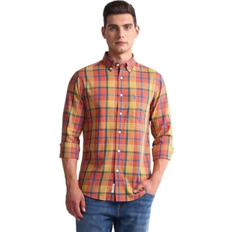 U.S. Polo Assn. Men's Checkered Regular Fit Shirt (Ussht2052_Orange