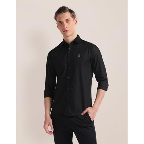 U.S. Polo Assn. Men's Woven Design Regular Fit Shirt (Usshtp0584_Black