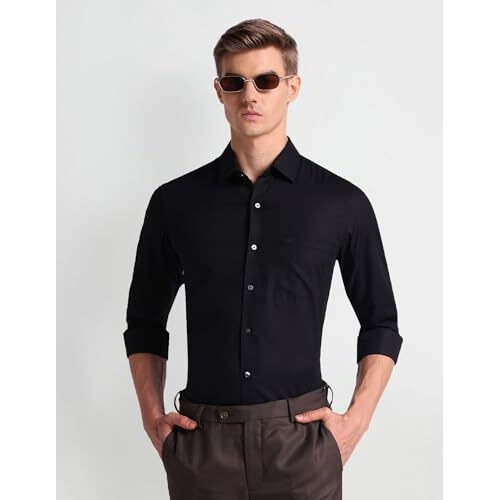 Arrow Men's Structured Full Sleeve Slim Fit Cutaway Collar Cotton Formal Shirt Black