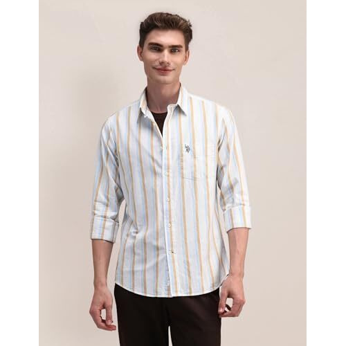 U.S. Polo Assn. Men's Cotton Striped Regular Fit Shirt (Usshtfx0526 White, 42