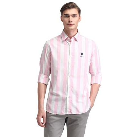 U.S. Polo Assn. Men's Cotton Striped Tailored Fit Shirt (Usshtfx0534 Pink, 40