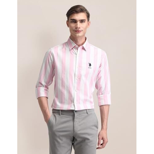 U.S. Polo Assn. Men's Cotton Striped Tailored Fit Shirt (Usshtfx0534 Pink, 40