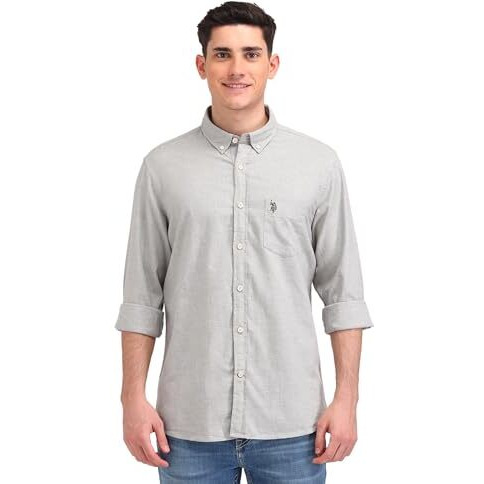 U.S. Polo Assn. Denim Co. Men's Textured Slim Fit Button Down Shirt (Udsht1301_Grey