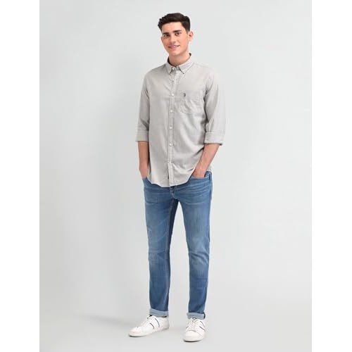 U.S. Polo Assn. Denim Co. Men's Textured Slim Fit Button Down Shirt (Udsht1301_Grey
