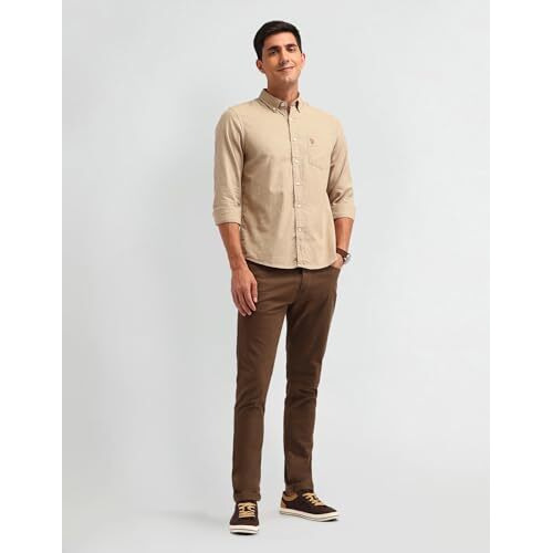 U.S. Polo Assn. Denim Co. Men's Textured Slim Fit Button Down Shirt (Udsht1302_Beige