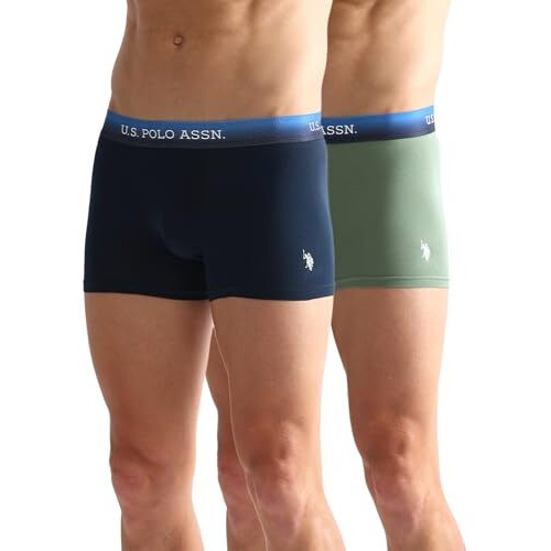 U.S. Polo Assn. Men's Cotton Blend Classic Solid Trunks (Pack Of 2) (Oet05-P2_Hedge Green-Navy