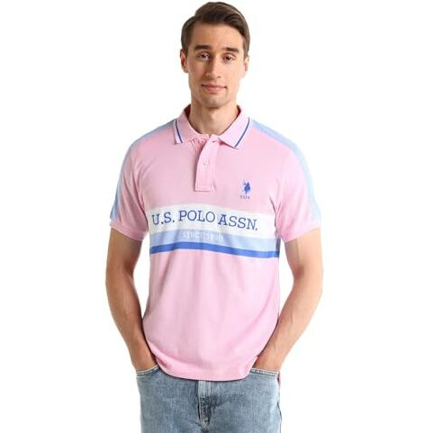 U.S.Polo Assn. Men's Striped Fitted Polo Shirt (Ustsh2059 Pink