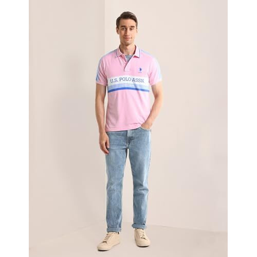 U.S.Polo Assn. Men's Striped Fitted Polo Shirt (Ustsh2059 Pink