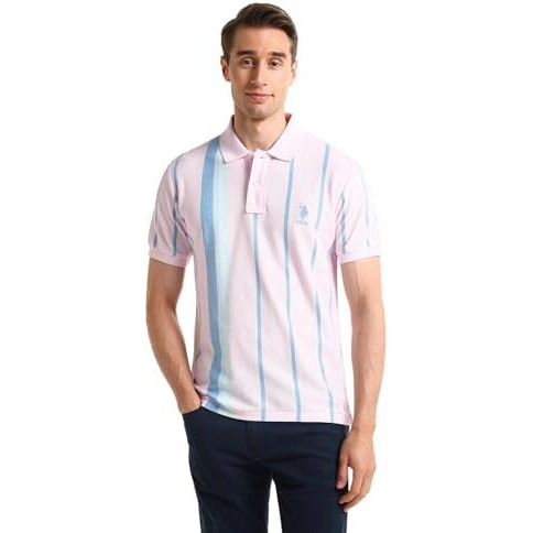 U.S.Polo Assn. Men's Striped Fitted Polo Shirt (Ustsh2068 Pink