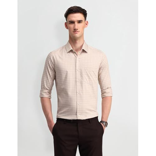 Arrow Men's Checkered Slim Fit Shirt (Araeosh1807_Brown