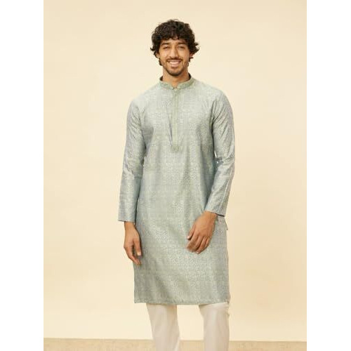 Manyavar Men's Green Blended Viscose Self Design Kurta Pyjama Set (L)
