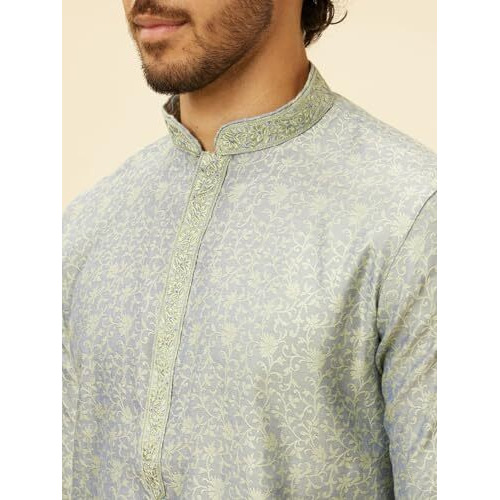 Manyavar Men's Green Blended Viscose Self Design Kurta Pyjama Set (L)