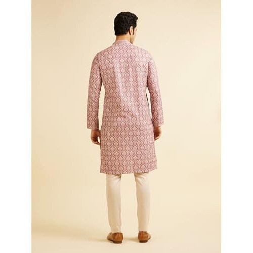 Manyavar Men's Cotton Blend Printed|Embroidered Kurta Pyjama Set (Pink,Xl)