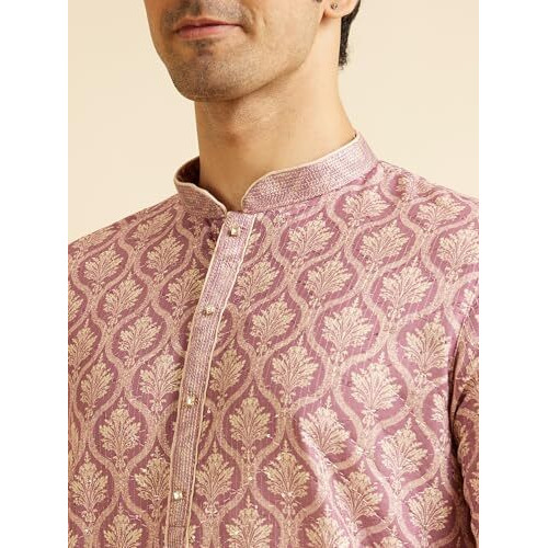 Manyavar Men's Cotton Blend Printed|Embroidered Kurta Pyjama Set (Pink,Xl)