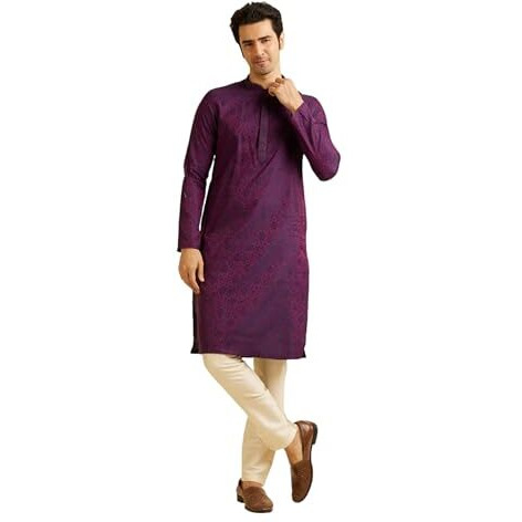 Manyavar Men's Viscose Blend Jacquard Embroidered Kurta Pyjama Set (Purple,L)