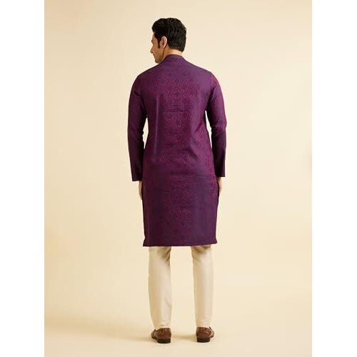 Manyavar Men's Viscose Blend Jacquard Embroidered Kurta Pyjama Set (Purple,L)