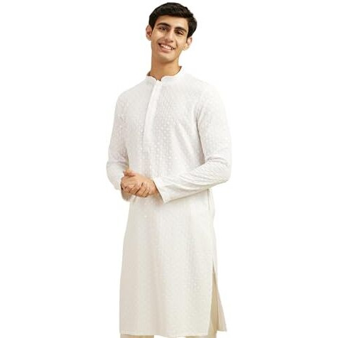 Diwas By Manyavar Men's Viscose Embroidery|Sequin Work Kurta (White,L)