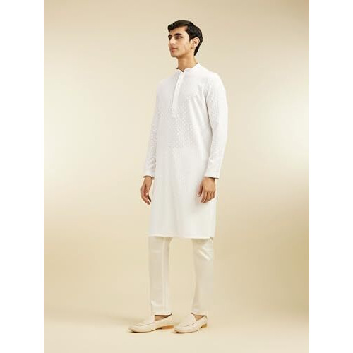 Diwas By Manyavar Men's Viscose Embroidery|Sequin Work Kurta (White,L)