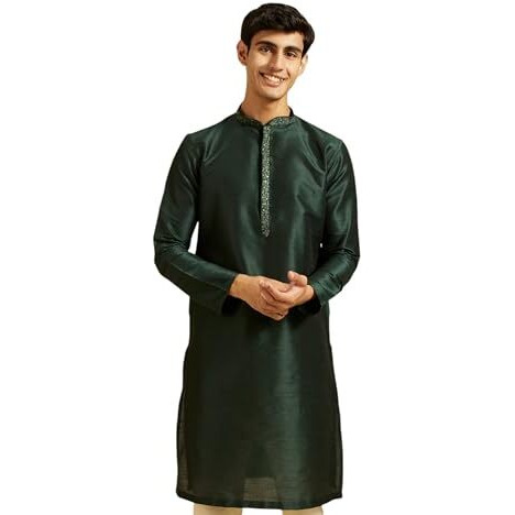 Diwas By Manyavar Men's Art Silk Embroidered Solid Kurta (Dark Green,Xxl)