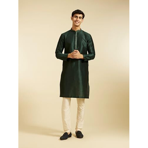 Diwas By Manyavar Men's Art Silk Embroidered Solid Kurta (Dark Green,Xxl)