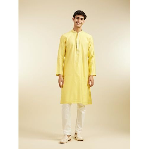 Diwas By Manyavar Men's Blended Viscose Jacquard| Self Design Kurta (Yellow,L)
