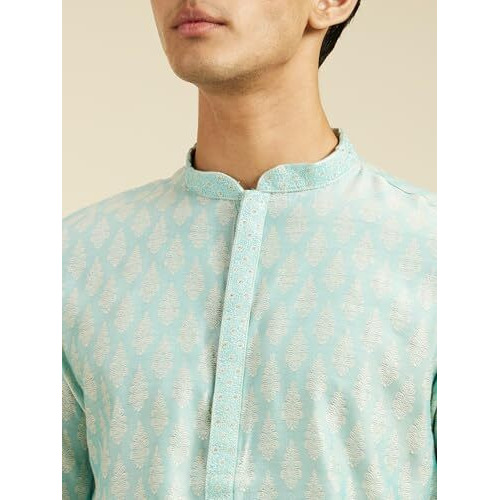 Diwas By Manyavar Men's Blended Viscose Jacquard| Self Design Kurta (Aqua Green,Xl)