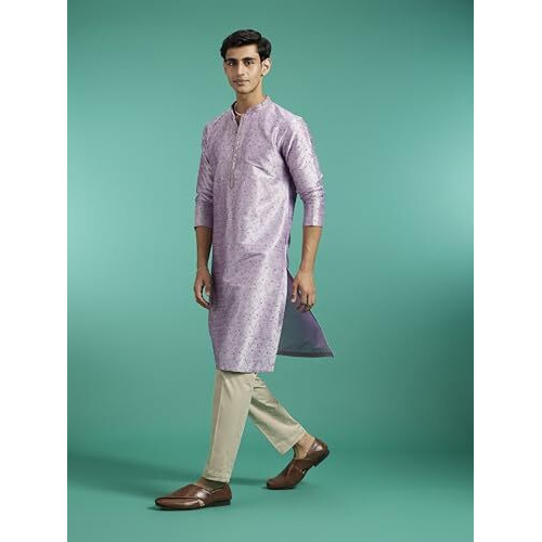 Diwas By Manyavar Men's Art Silk Thread Work Sequined Kurta (Lilac,L)