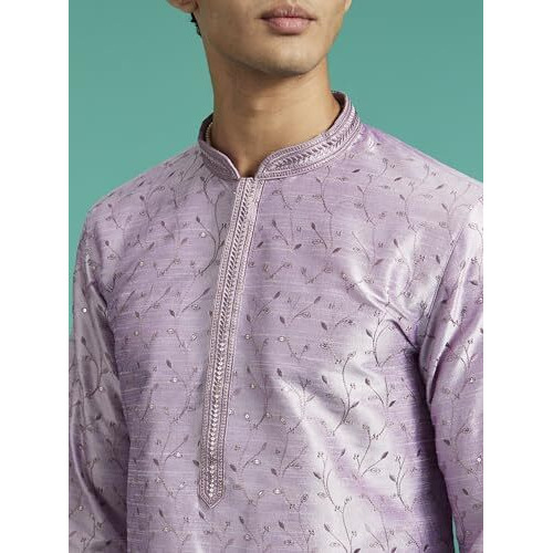 Diwas By Manyavar Men's Art Silk Thread Work Sequined Kurta (Lilac,L)