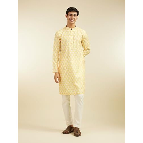 Diwas By Manyavar Men's Blended Cotton Printed Kurta (Yellow,M)