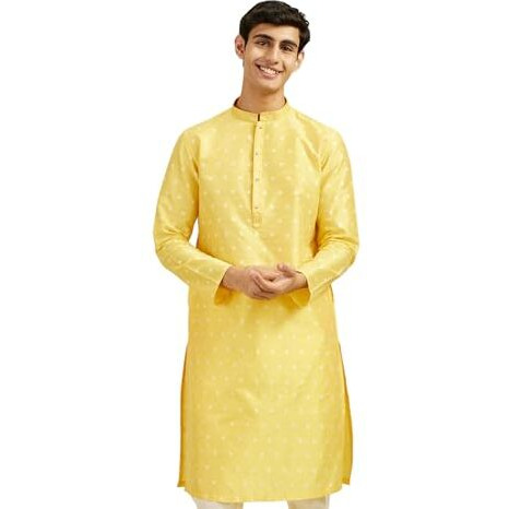 Diwas By Manyavar Men's Art Silk Jacquard Weave Kurta (Yellow,Xl)