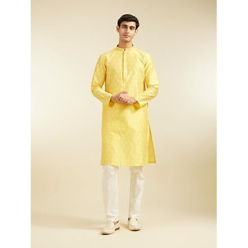 Diwas By Manyavar Men's Art Silk Jacquard Weave Kurta (Yellow,Xl)