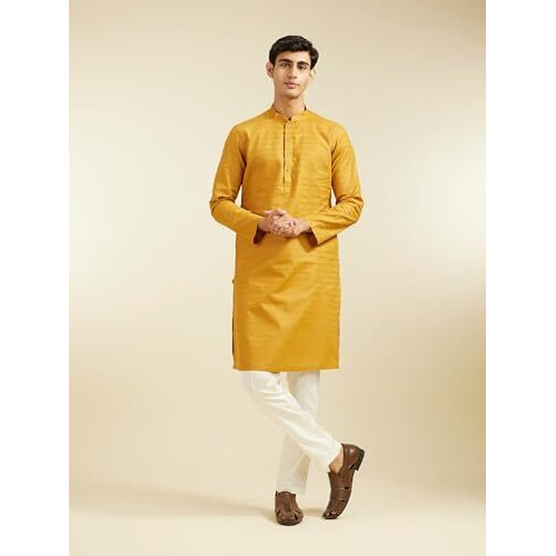 Diwas By Manyavar Men's Cotton Self Design Kurta (Mustard,L)