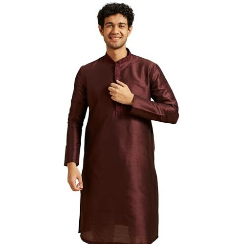 Diwas By Manyavar Men's Art Silk Solid Kurta (Wine,L)