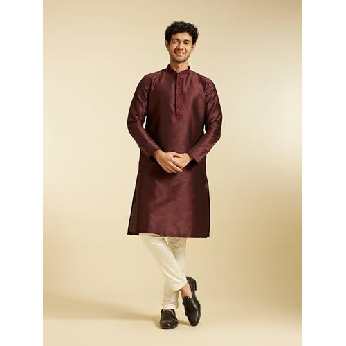 Diwas By Manyavar Men's Art Silk Solid Kurta (Wine,L)