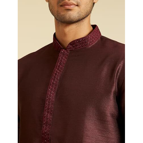 Diwas By Manyavar Men's Art Silk Solid Kurta (Wine,L)