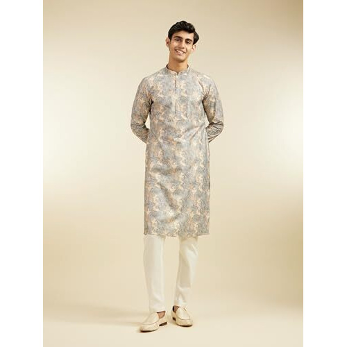 Diwas By Manyavar Men's Cotton Blend Printed Kurta (Grey,Xl)