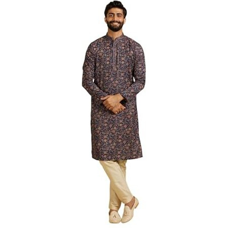 Manyavar Men's Viscose Blend Floral Print Kurta Pyjama Set (Blue,S)