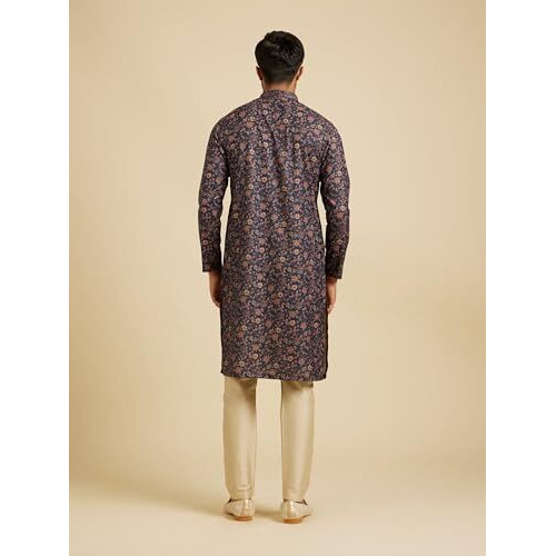 Manyavar Men's Viscose Blend Floral Print Kurta Pyjama Set (Blue,S)