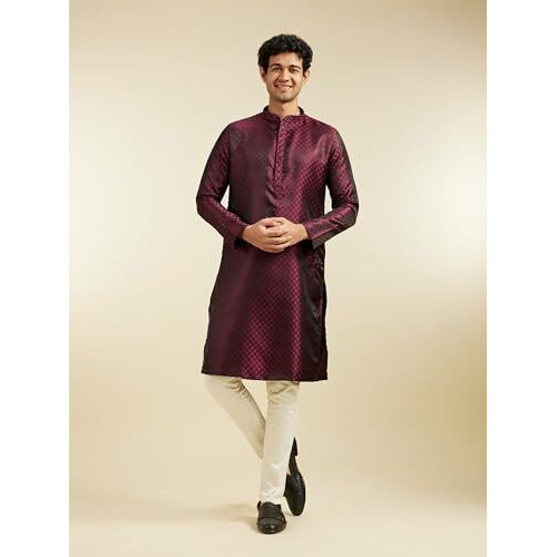 Diwas By Manyavar Men's Satin Jacquard| Self Design Kurta (Wine,Xl)