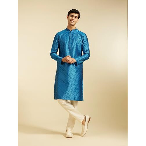 Diwas By Manyavar Men's Art Silk Self Design Kurta (Mid Blue,L)