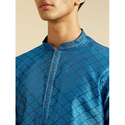 Diwas By Manyavar Men's Art Silk Self Design Kurta (Mid Blue,L)