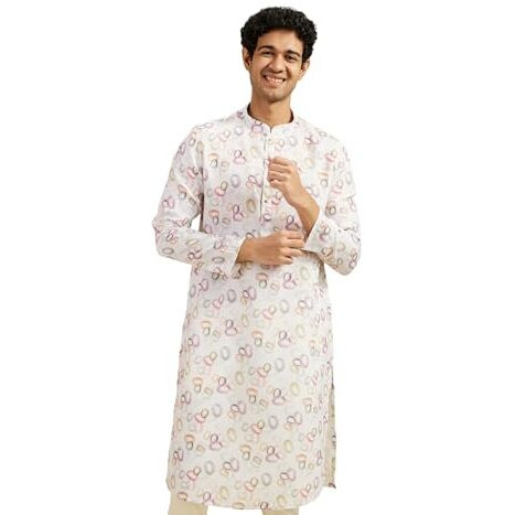 Diwas By Manyavar Men's Linen Blend Printed Kurta (White,L)