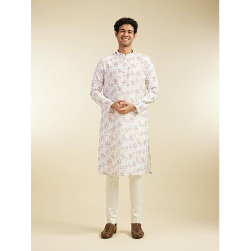 Diwas By Manyavar Men's Linen Blend Printed Kurta (White,L)