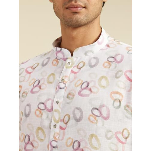 Diwas By Manyavar Men's Linen Blend Printed Kurta (White,L)