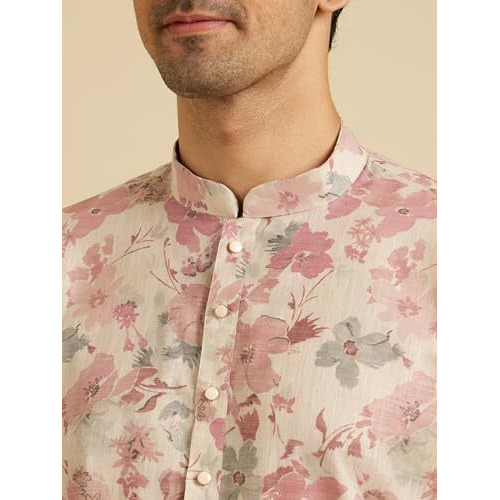 Manyavar Men's Linen Blend Digital Floral Print Long Kurta (Pink,L)