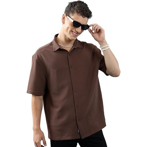 Highlander Men's Solid Loose Fit Shirt (Hlzs000150_Brown