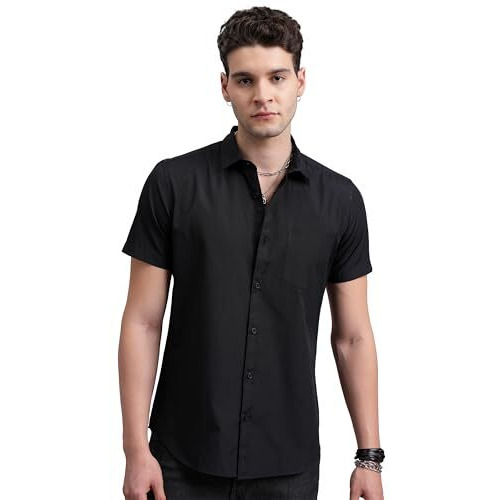 Highlander Men's Solid Slim Fit Shirt (Phsh000002_Black