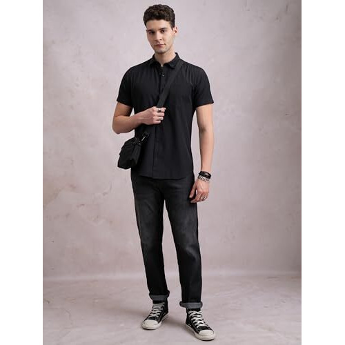 Highlander Men's Solid Slim Fit Shirt (Phsh000002_Black