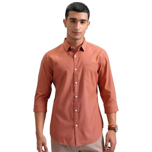 Highlander Men's Solid Slim Fit Shirt (Phsh000025_Dusty Orange