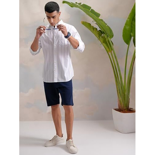 Highlander Men's Striped Slim Fit Shirt (Phsh000050_White/Indigo